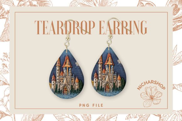 Castle Embroidery Teardrop Earring: Graphics & Print Templates
