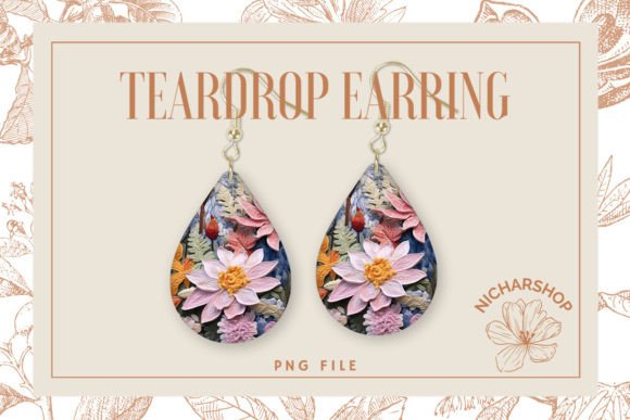 Lotus Flower Embroidery Teardrop Earring Graphics & Print Templates